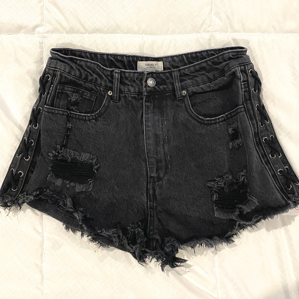 Forever 21 black jean shorts with lace up sides and distressing